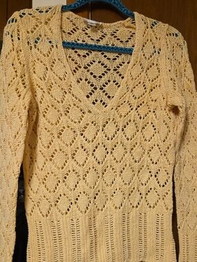 LOFT Open-Knit V-Neck Sweater in Pale Yellow